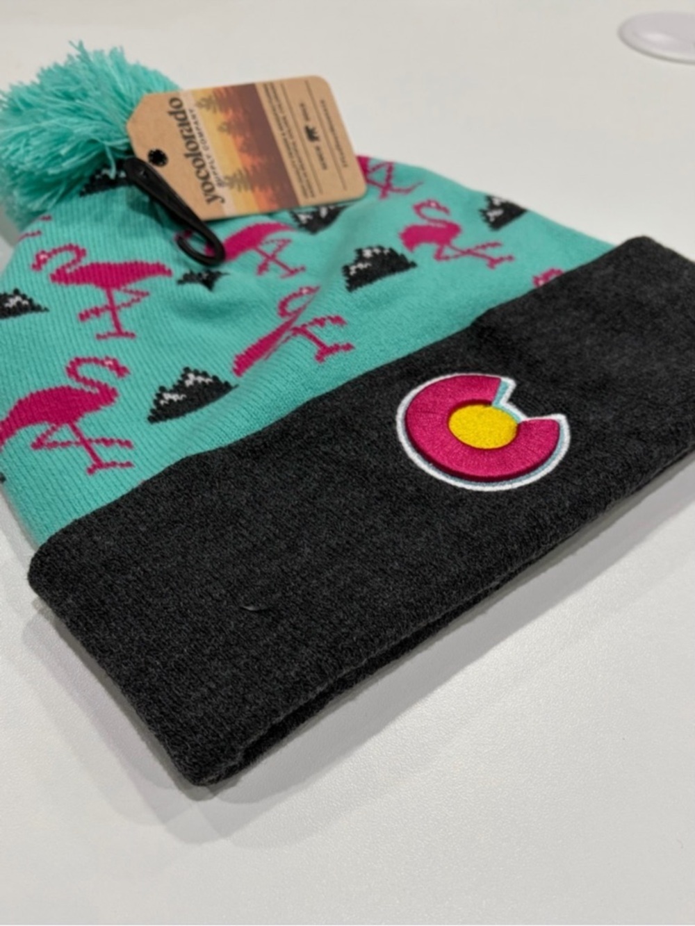 YoColorado Adult Flamingo Beanie Hat Winter NWT Pink Teal - Picture 3 of 7